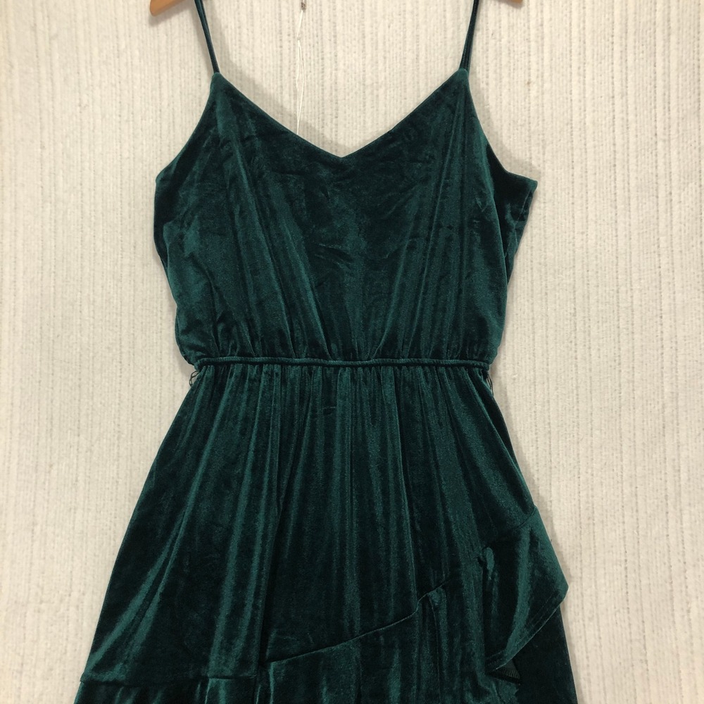 Rachel Zoe Velvet Ruffle Hem Spaghetti Strap V Neck Mini Dress Size L Green